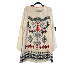 Boho Southwest Design Short dress with flouncy sleeves Black White Red #JJEA